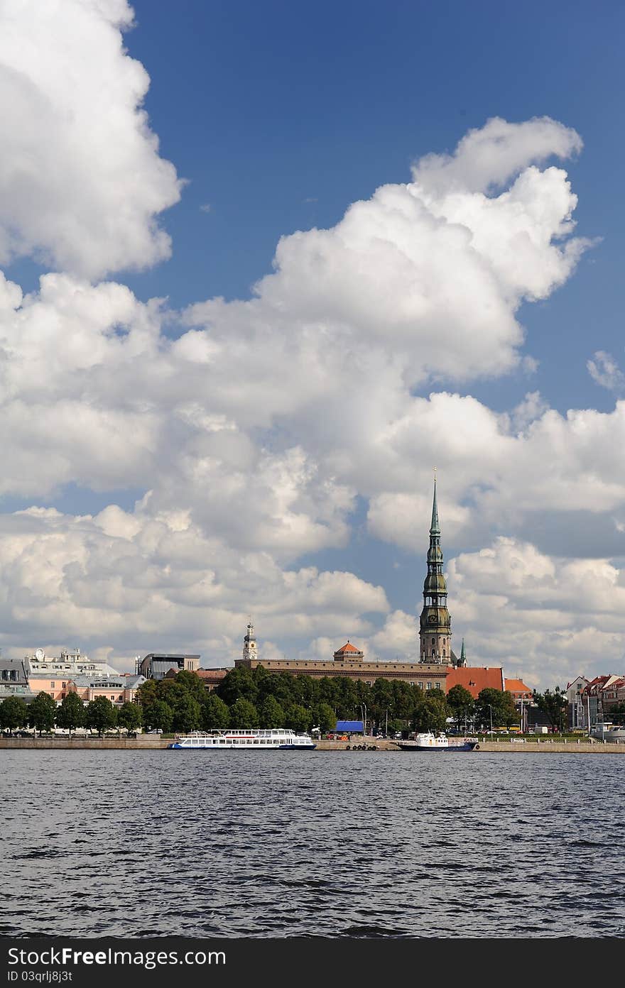 View on the St. Peter church and Vecriga (Old Riga) from the Daugava river