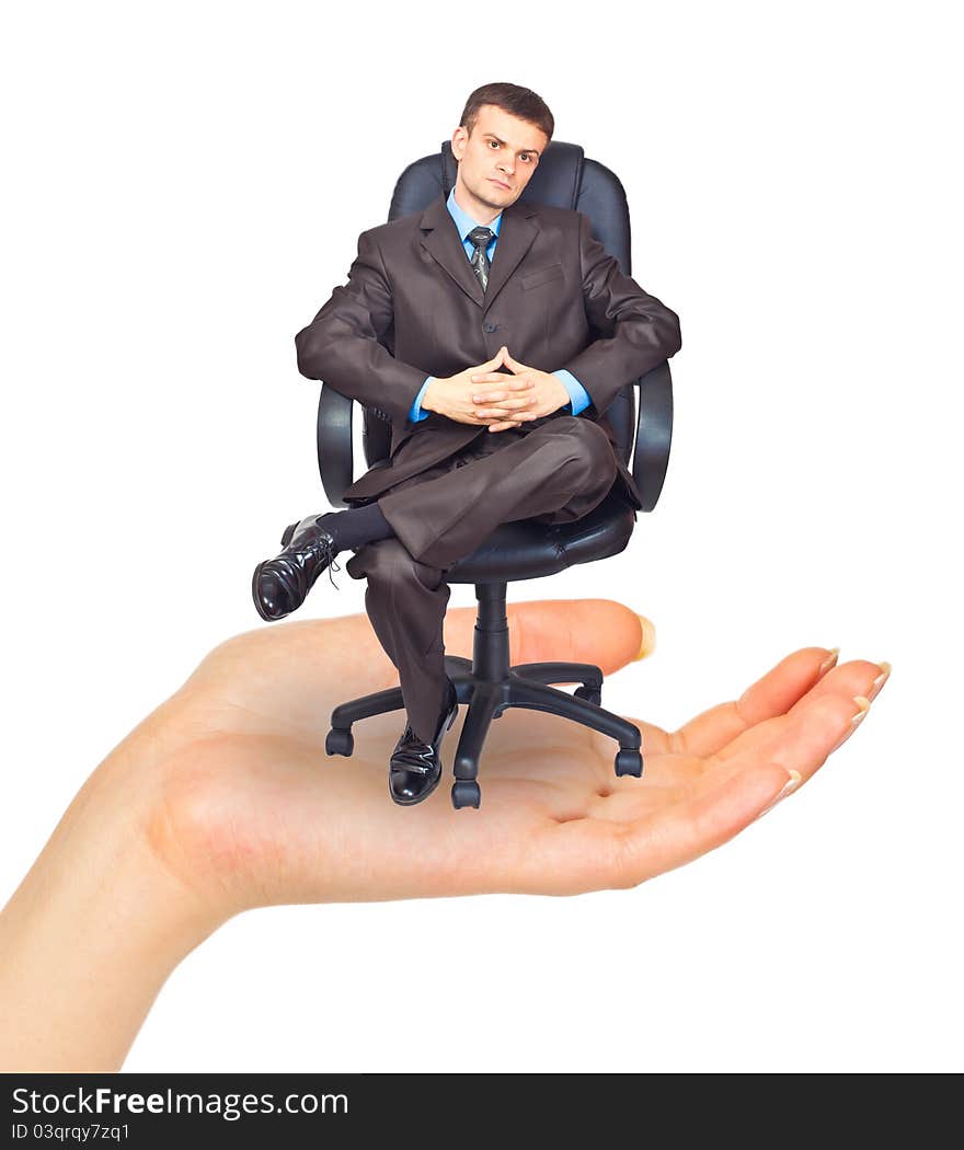 Businessman sitting on chair in hand. Isolated on white background