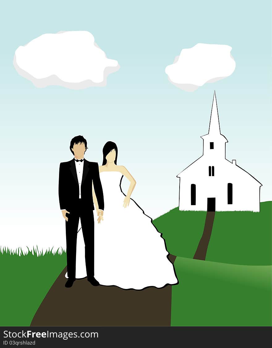 This is a illustration of a wedding couple. On a hill in front of a church.