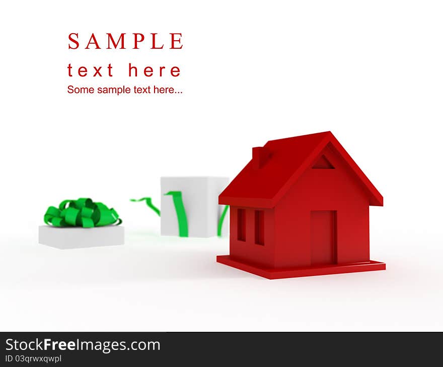 Red house and opened gift box with a green ribbon. Real estate concept. The house as gift.