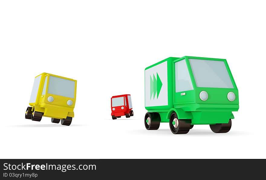 Green, yellow and red trucks on a road. Green one faster than the others. Isolated on white background. 3d rendered