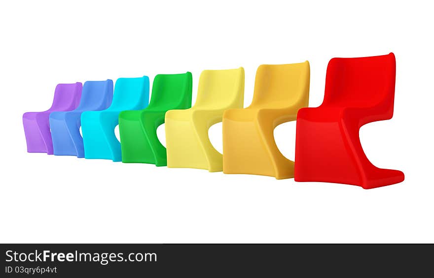 Colorful modern plastic chairs isolated on white background.3d rendered.