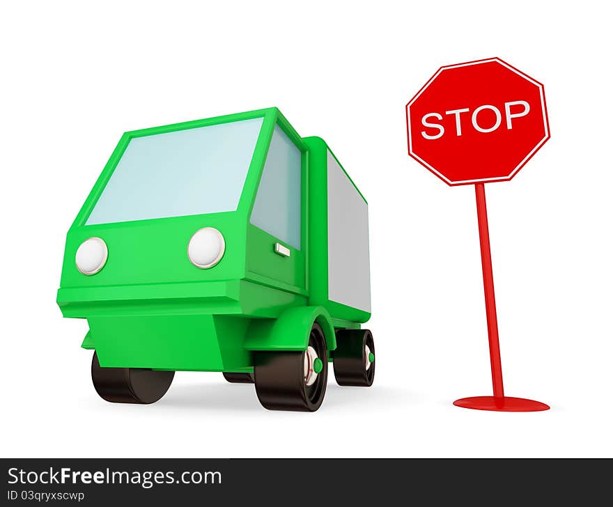 Green truck with STOP sign.