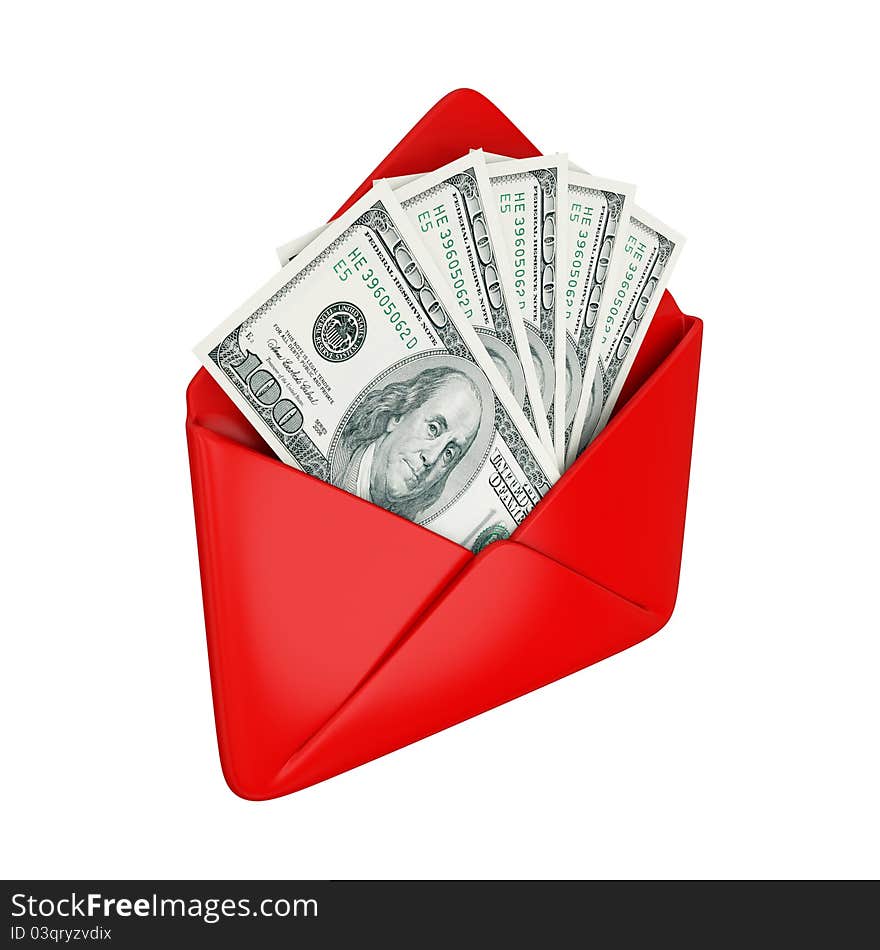 Empty red cover with dollars inside. Isolated on white background. 3d rendered.