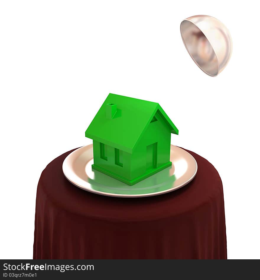 Green plastic house on a silver dish. 3d rendered. Isolated on white background. Green plastic house on a silver dish. 3d rendered. Isolated on white background.