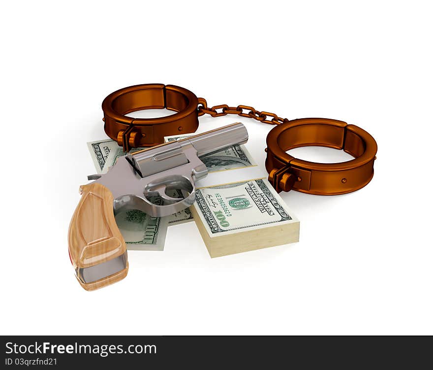 Shackles, revolver and dollar pack. 3d rendered. Isolated on white background.