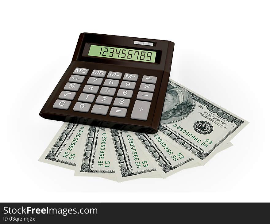 Calculator and dollars. 3d rendered. Isolated on white background.