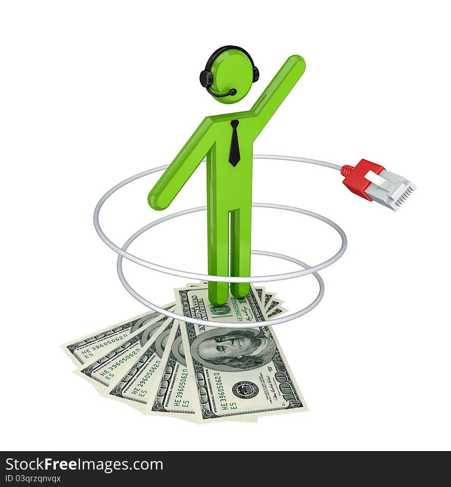 3d small person with a patchcord and dollars. Isolated on white background.