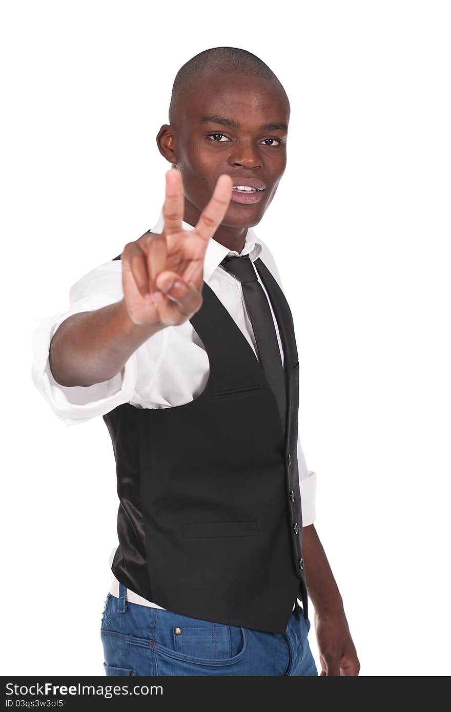 Young and black man doing victory sign