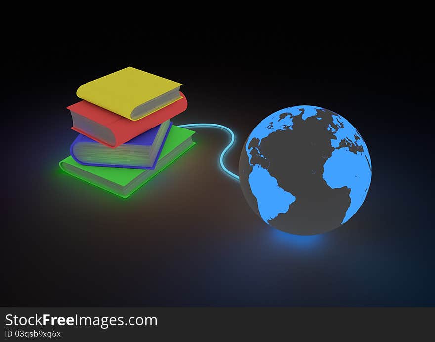 Render of a stack of books connected to the planet. Render of a stack of books connected to the planet