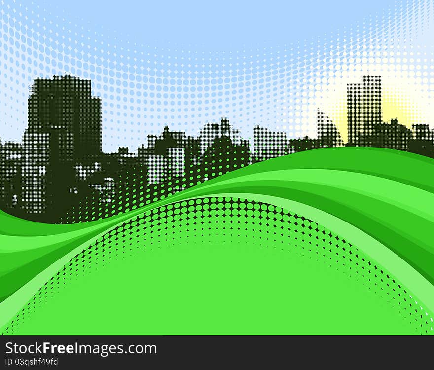 Wavy Green Halftone Cityscape Background. Wavy Green Halftone Cityscape Background.