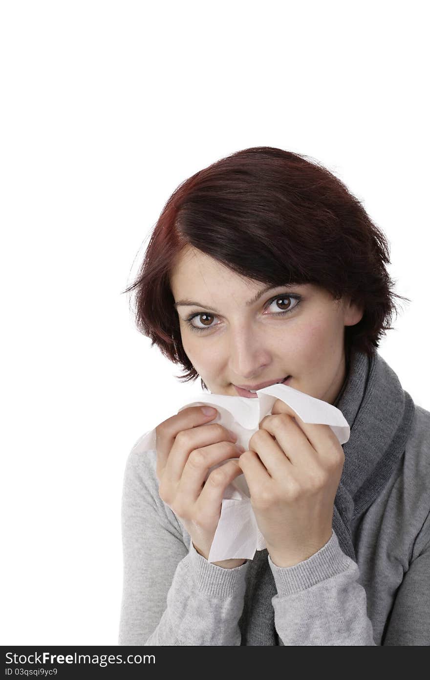 Caught a cold young woman cleans the nose with tissue. Caught a cold young woman cleans the nose with tissue