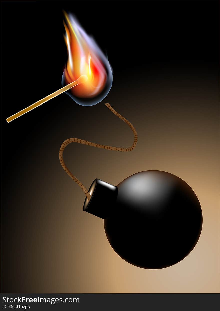 Burning match with a bomb on a brown background black. Burning match with a bomb on a brown background black