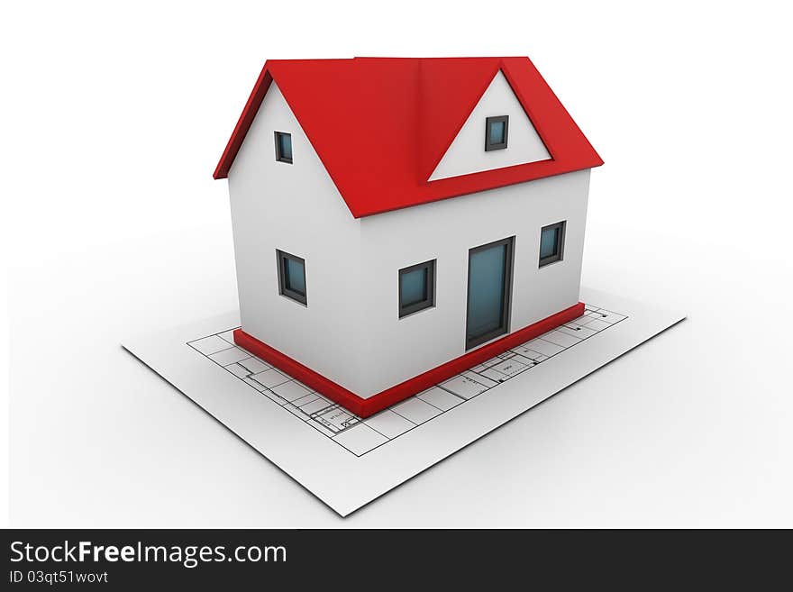 3d illustration of house on a blueprint