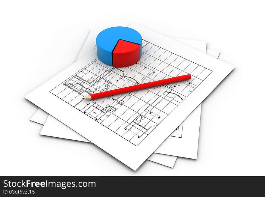 3d illustration of Housing Project and Pie Chart