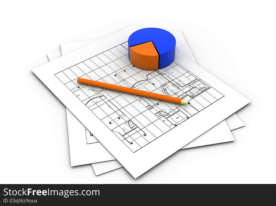 3d illustration of Housing Project and Pie Chart