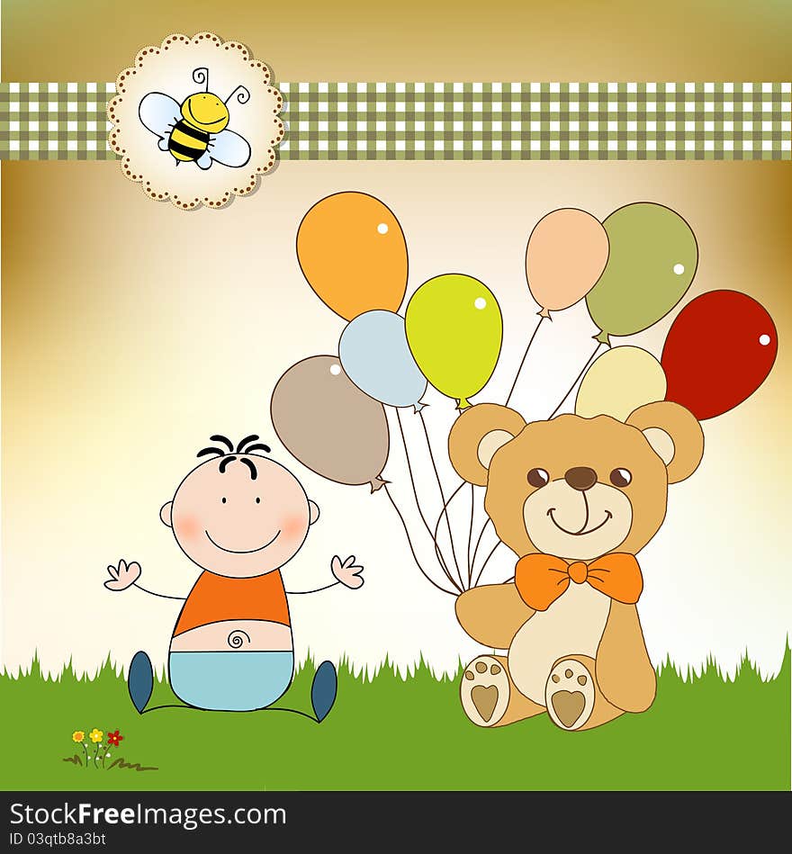 Baby invitation with teddy bear and balloons