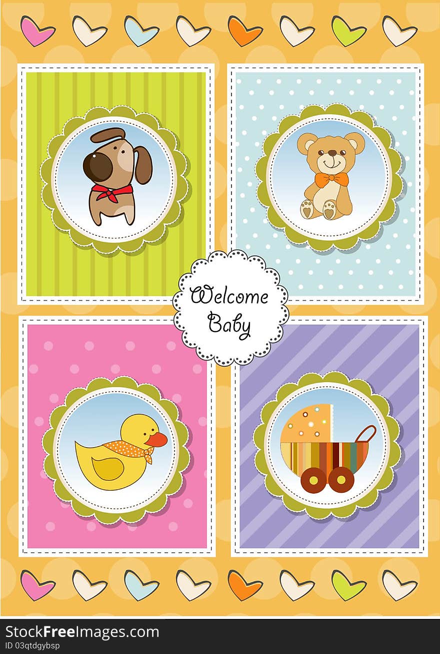 New baby arrived, announcement shower card with toys. New baby arrived, announcement shower card with toys