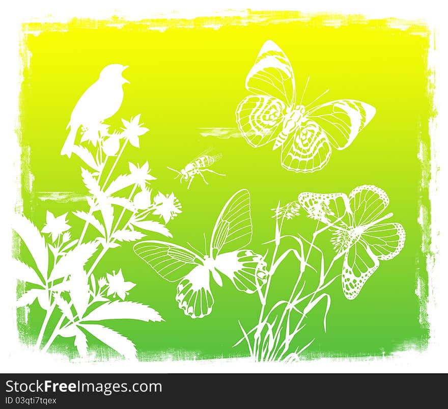 Floral Background With Bird And Butterflies