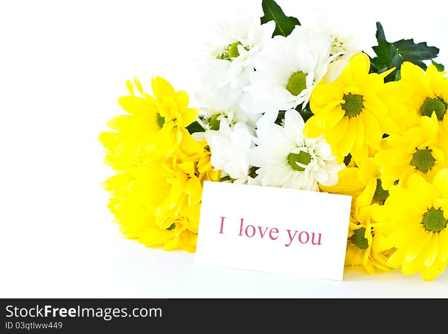 Beautiful bouquet of yellow chrysanthemums on a white background