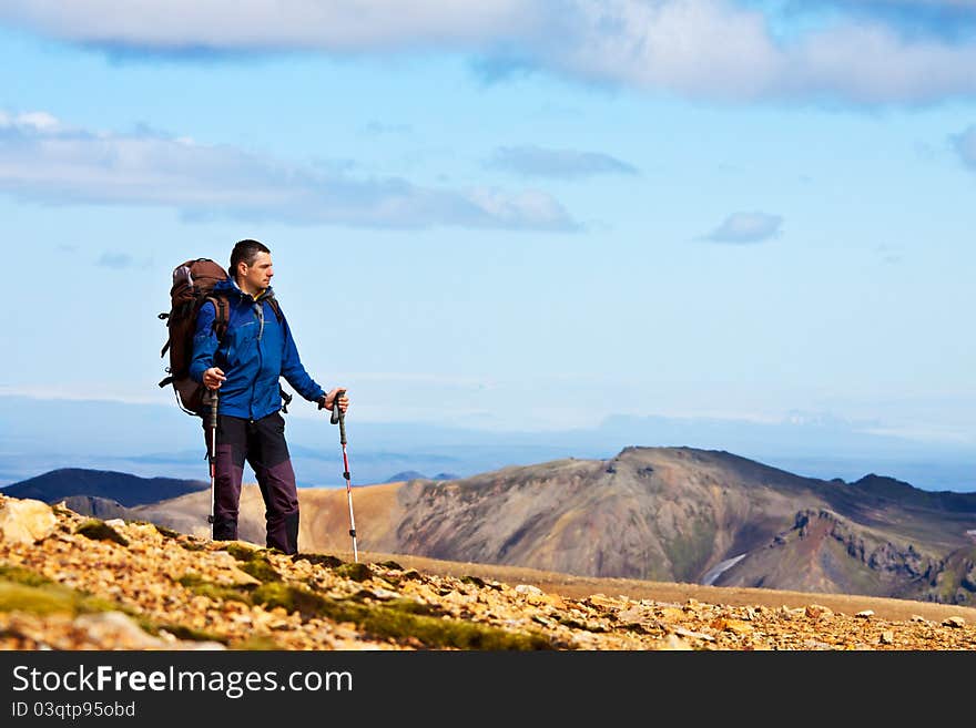 Hiker in the mountains. Iceland