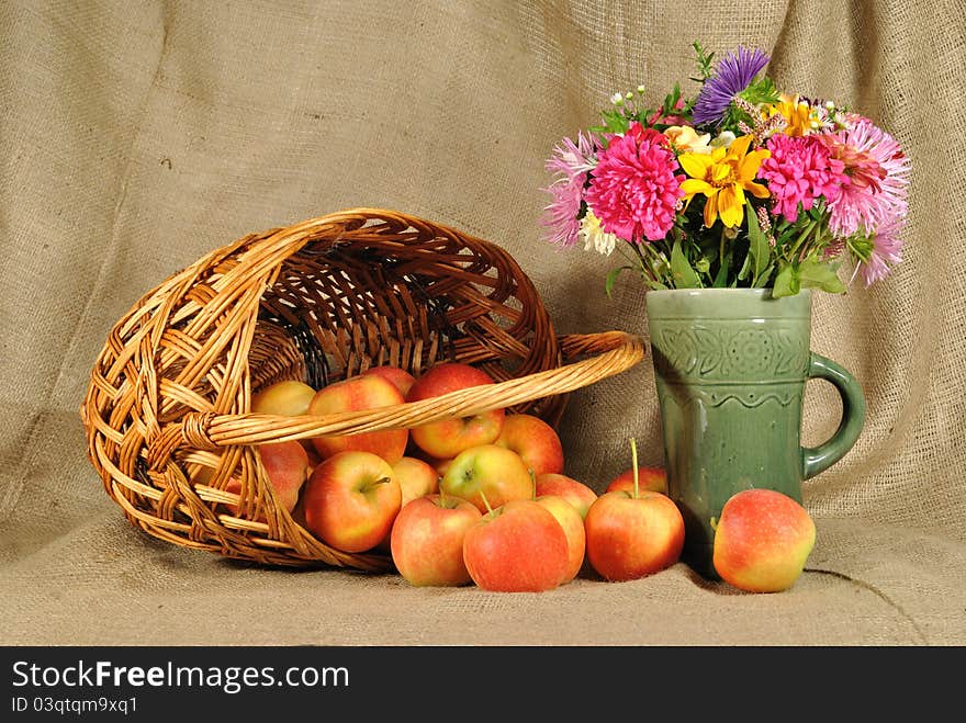 The autumn topic. In the foreground is bouquet of wild and cultivated flowers and basket with red apples. The basket lies sideways and apples scatter over the table. The table is covered by rough stuff. This staff creates background. The autumn topic. In the foreground is bouquet of wild and cultivated flowers and basket with red apples. The basket lies sideways and apples scatter over the table. The table is covered by rough stuff. This staff creates background.