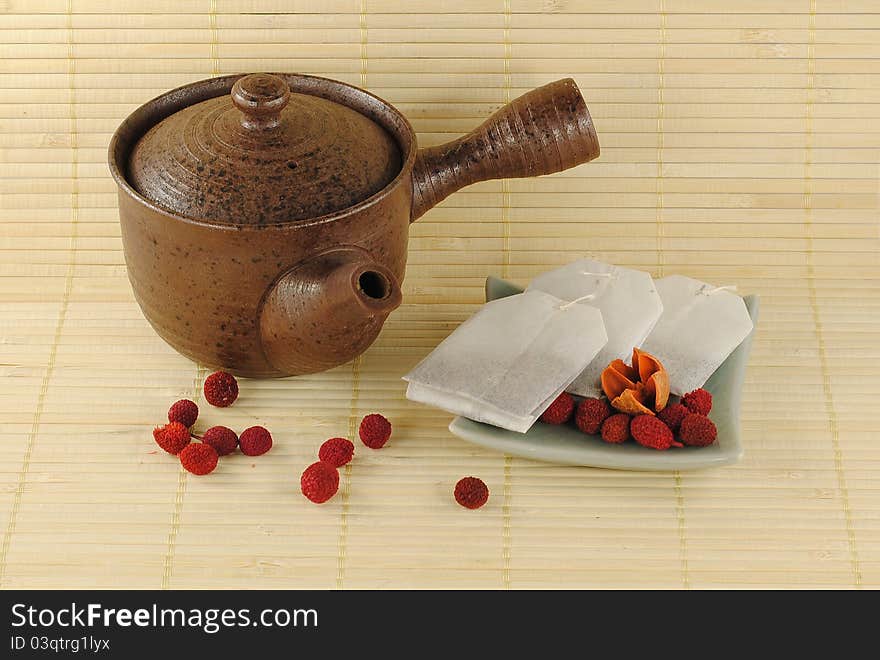 Teapot with tea bags on a little plate