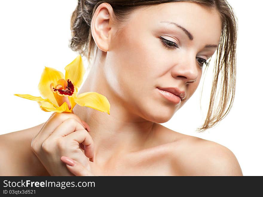 Portrait of young beautiful woman on white background with flower. Portrait of young beautiful woman on white background with flower