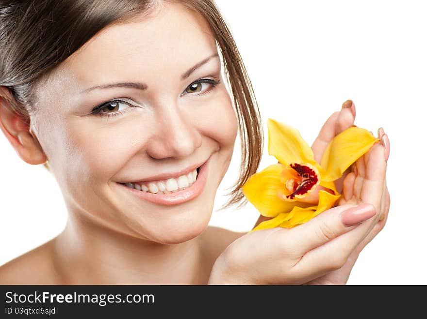 Portrait of young beautiful woman on white background with flower. Portrait of young beautiful woman on white background with flower