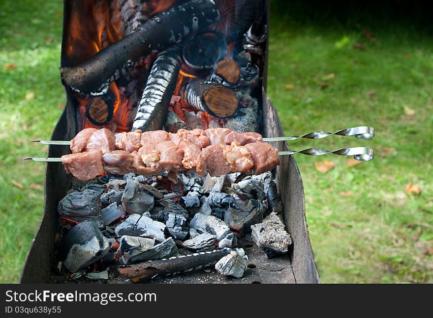 Preparation of shashlik outdoor