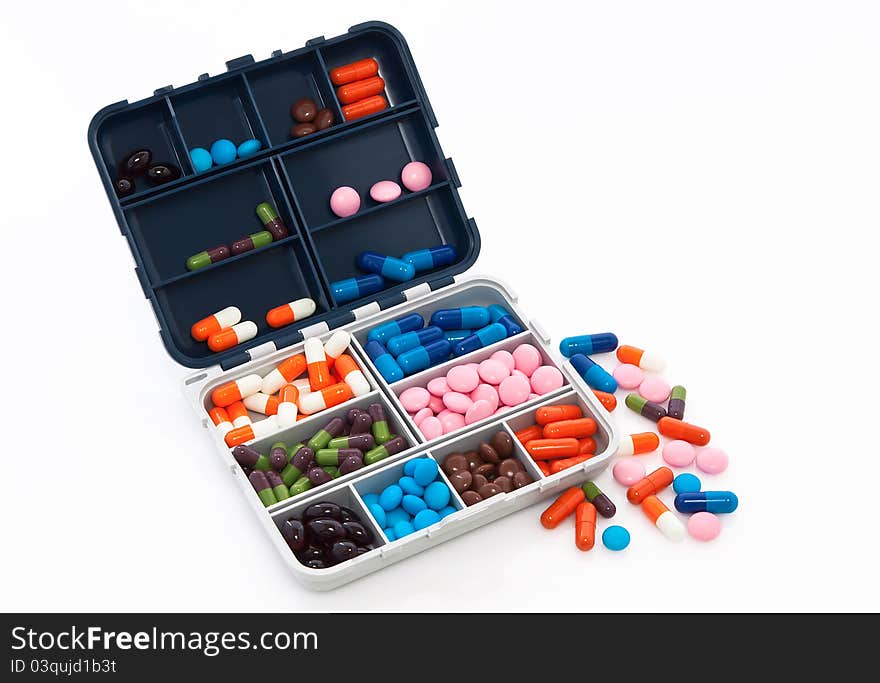 Insulated box with colored pills. Insulated box with colored pills