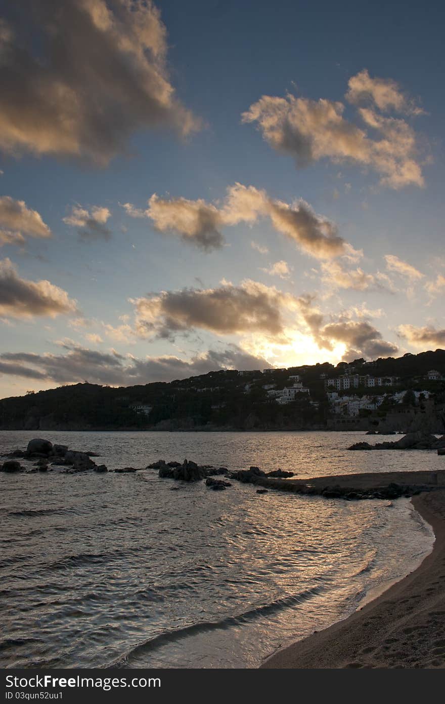 Sunset view of Calella de Palafrugell in Girona.