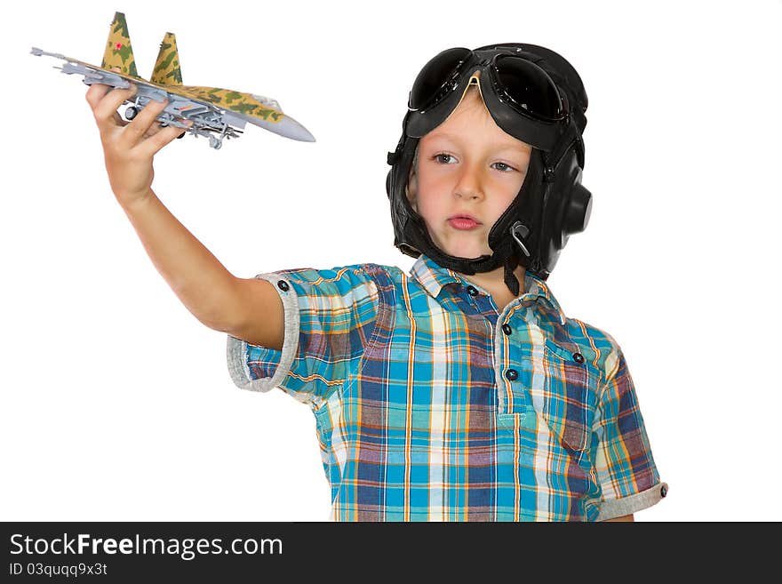 Boy play with jet airplane model