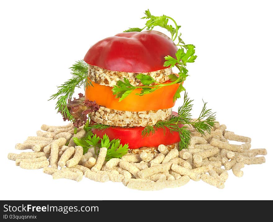 Healthy vegetables sandwich with tomato and pepper slices isolated on white background