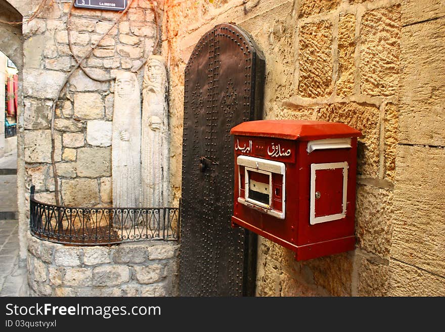 Red letterbox in the damascus souks. Red letterbox in the damascus souks