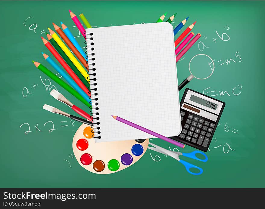 Back to school. Notepad with school supplies. Vector.