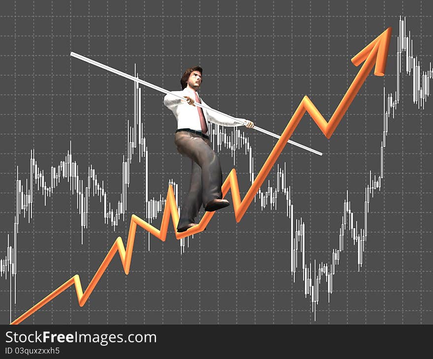 Businessman on a finance graphic aiming for the top. Businessman on a finance graphic aiming for the top