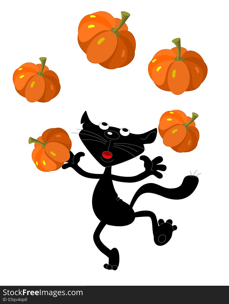 A black cat juggles pumpkins. A black cat juggles pumpkins