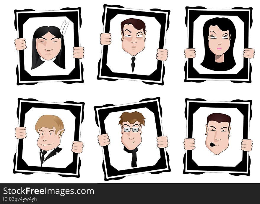 Six faces of people, men and woman, hanging a frame of a wall board. Six faces of people, men and woman, hanging a frame of a wall board