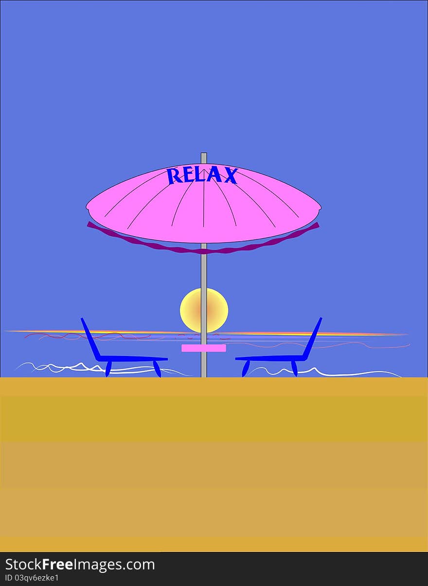 Beach umbrella under lounge chairs on ocean front somewhere exotic. Beach umbrella under lounge chairs on ocean front somewhere exotic