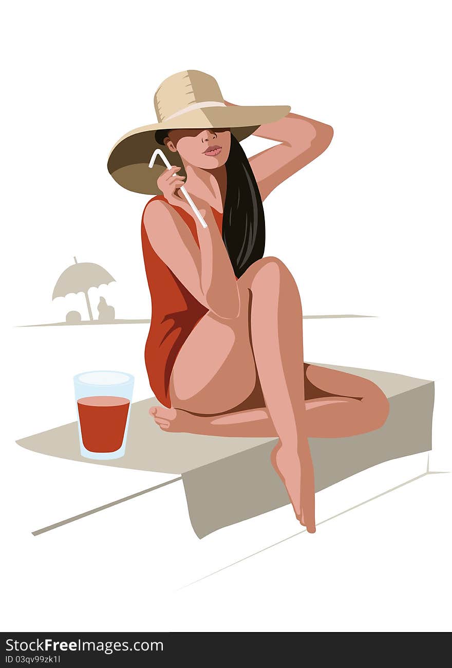 Girl with hat and drink sitting on beach