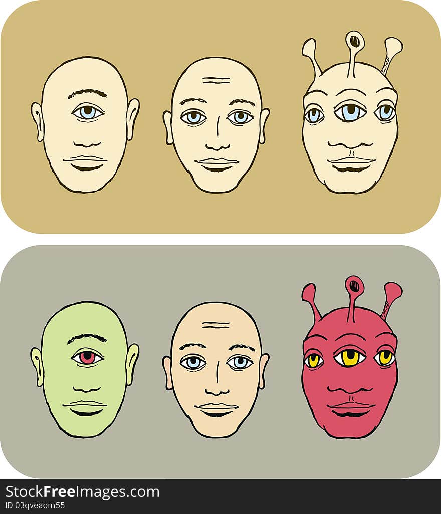 Three heads of human-like creatures with various quantities of eyes. Three heads of human-like creatures with various quantities of eyes