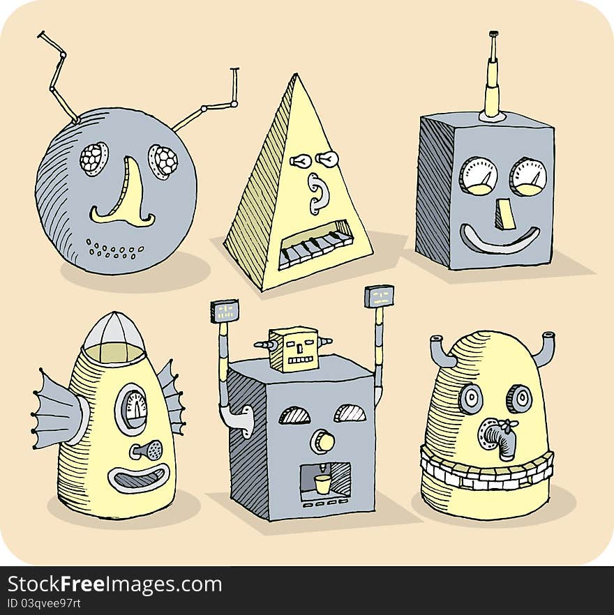 Several old-school robot heads