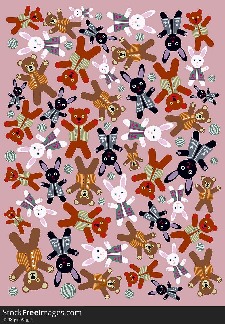 Scattered figures of teddy bears and rabbits. Scattered figures of teddy bears and rabbits