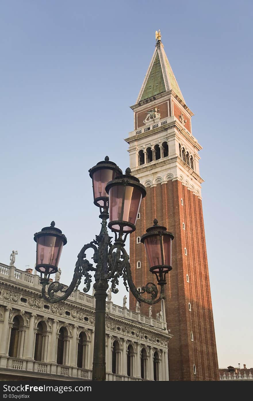 Lantern in front of the Campanile in San Marco Square, Venice