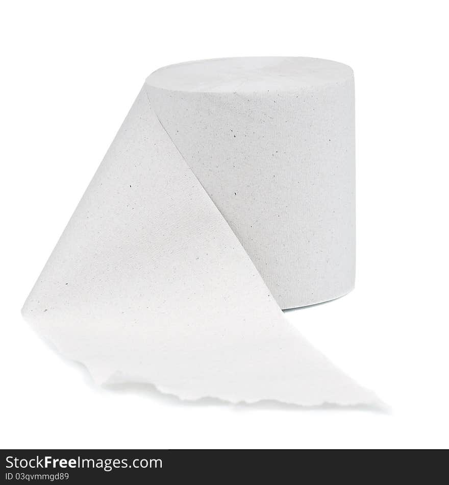 Single roll of toilet paper isolated on white background