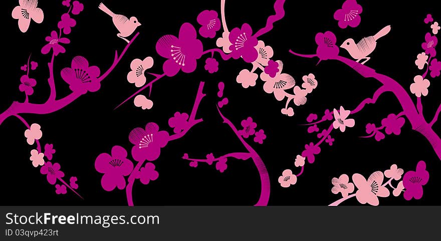 Floral background with two birds