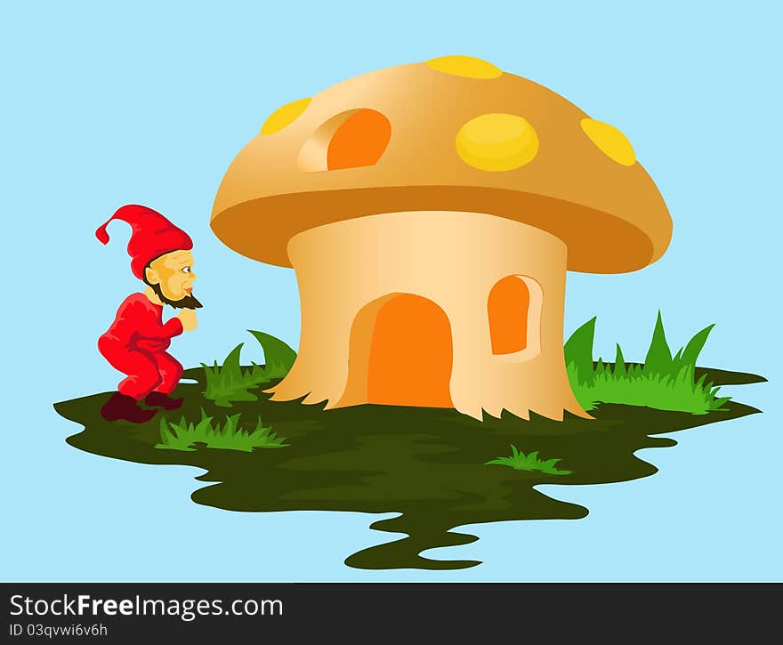 Image of red dwarf in front of his mushroom house. Image of red dwarf in front of his mushroom house