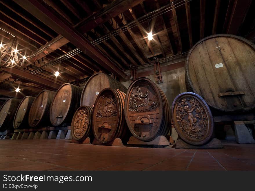 A row of very old historic wine barrels