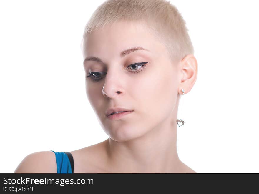 Portrait of the beautiful blonde with short hair isolated on white background